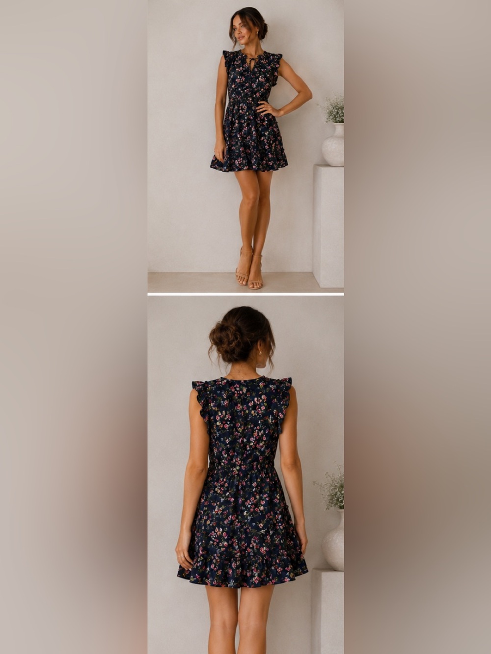 Cupshe Navy Floral Ruffle-Trim Mini Dress